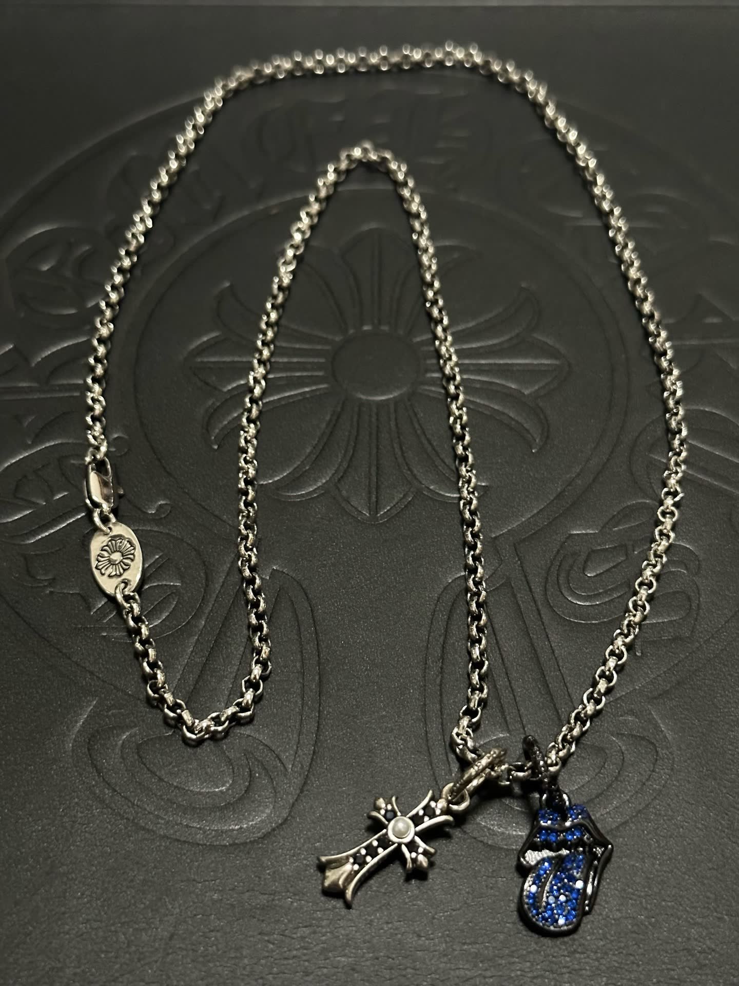Chrome Hearts Silver Cross and Blue Enamel Charm Necklace